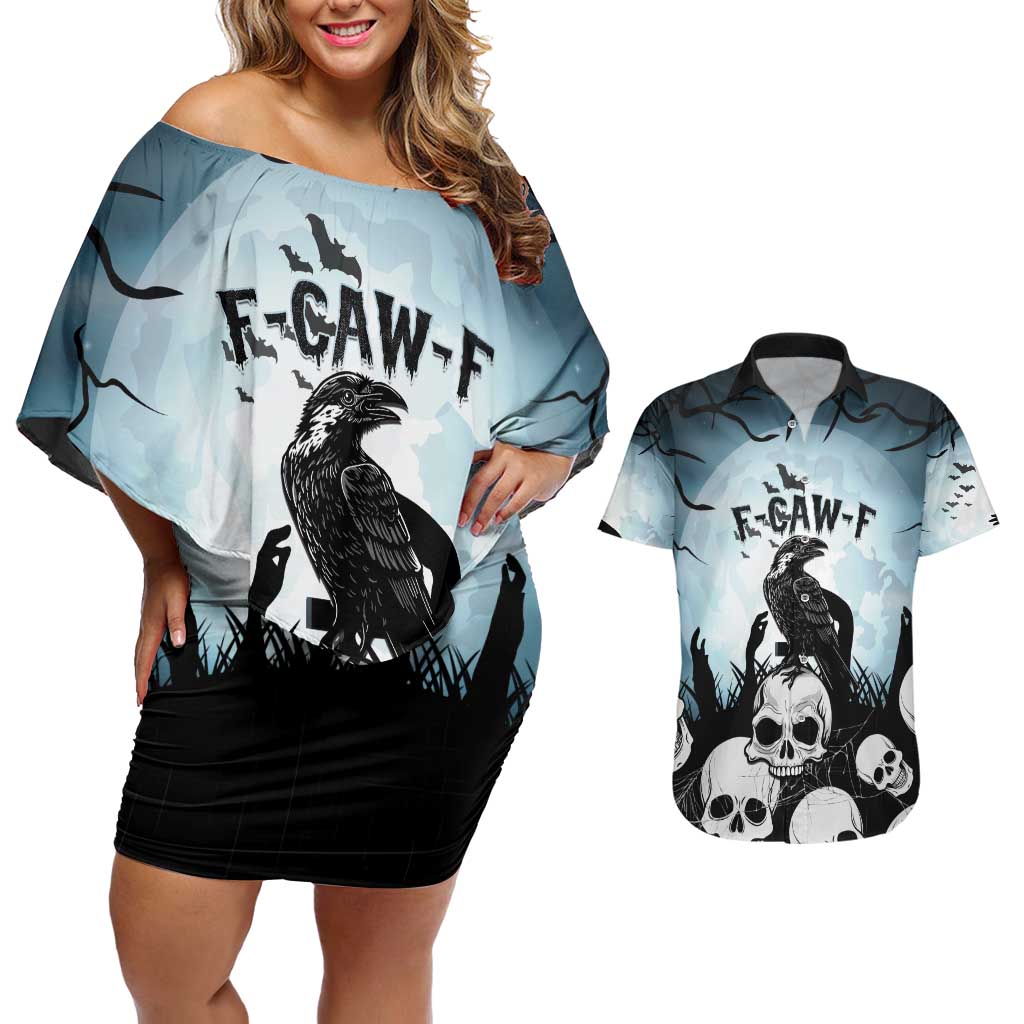Personalized Funny Halloween F’Caw Raven Couples Matching Off Shoulder Short Dress and Hawaiian Shirt Black Bird Crow With Skulls - Wonder Print Shop