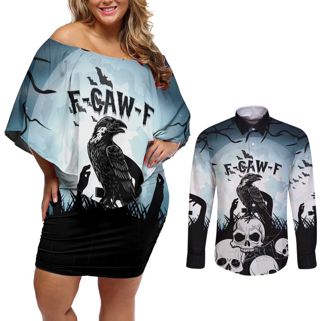 Personalized Funny Halloween F’Caw Raven Couples Matching Off Shoulder Short Dress and Long Sleeve Button Shirt Black Bird Crow With Skulls - Wonder Print Shop