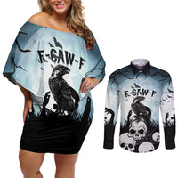 Personalized Funny Halloween F’Caw Raven Couples Matching Off Shoulder Short Dress and Long Sleeve Button Shirt Black Bird Crow With Skulls - Wonder Print Shop