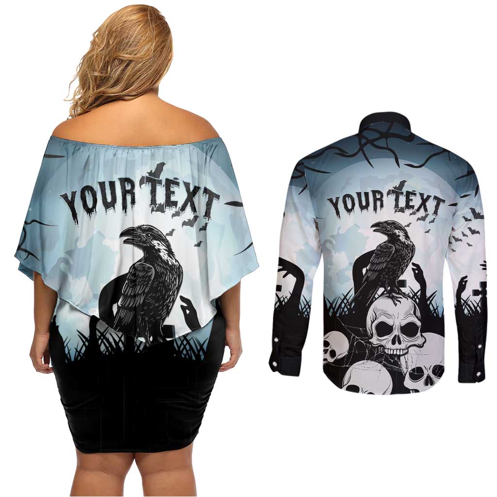 Personalized Funny Halloween F’Caw Raven Couples Matching Off Shoulder Short Dress and Long Sleeve Button Shirt Black Bird Crow With Skulls - Wonder Print Shop