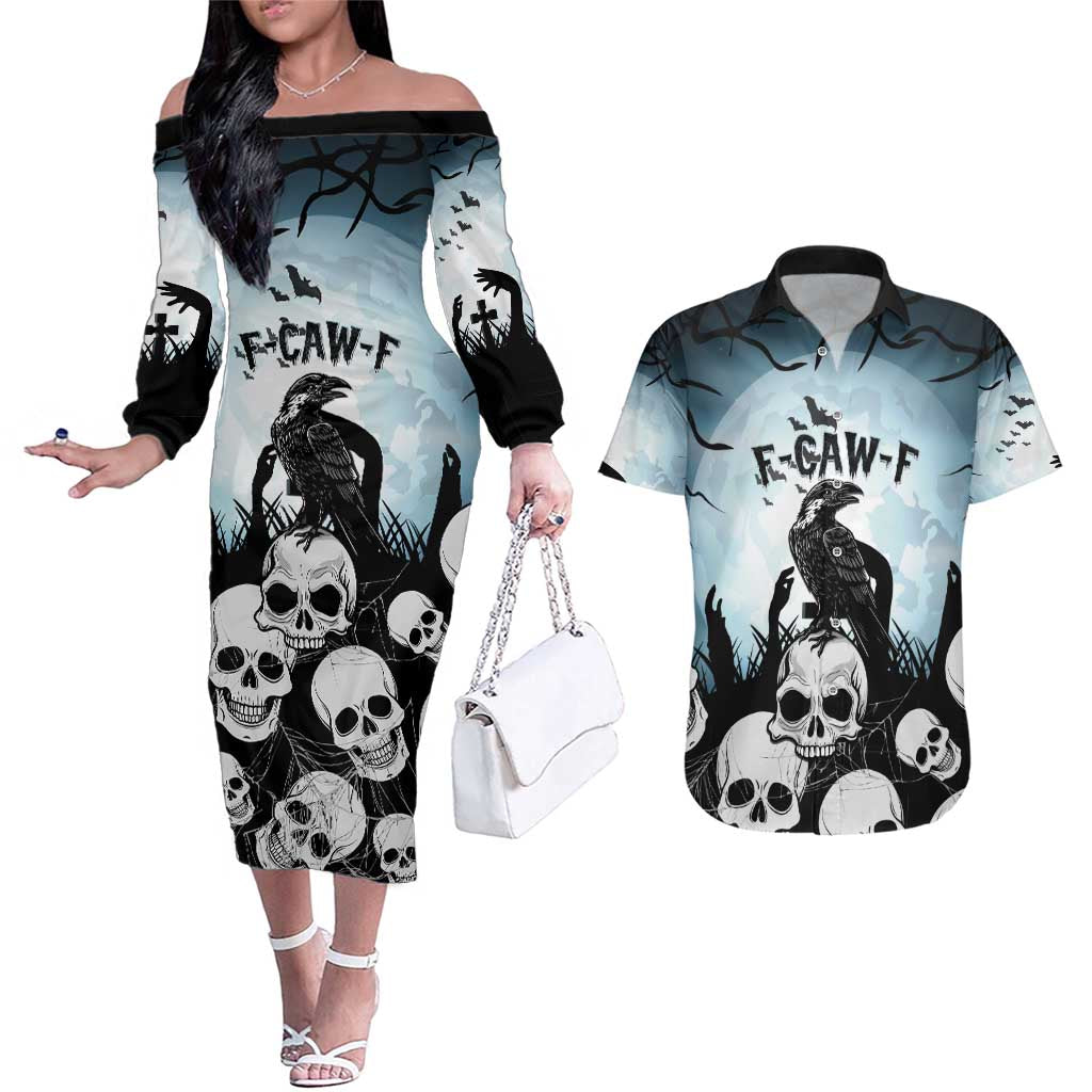 Personalized Funny Halloween F’Caw Raven Couples Matching Off The Shoulder Long Sleeve Dress and Hawaiian Shirt Black Bird Crow With Skulls - Wonder Print Shop