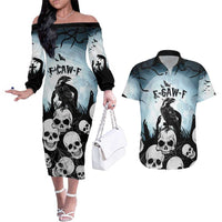 Personalized Funny Halloween F’Caw Raven Couples Matching Off The Shoulder Long Sleeve Dress and Hawaiian Shirt Black Bird Crow With Skulls - Wonder Print Shop