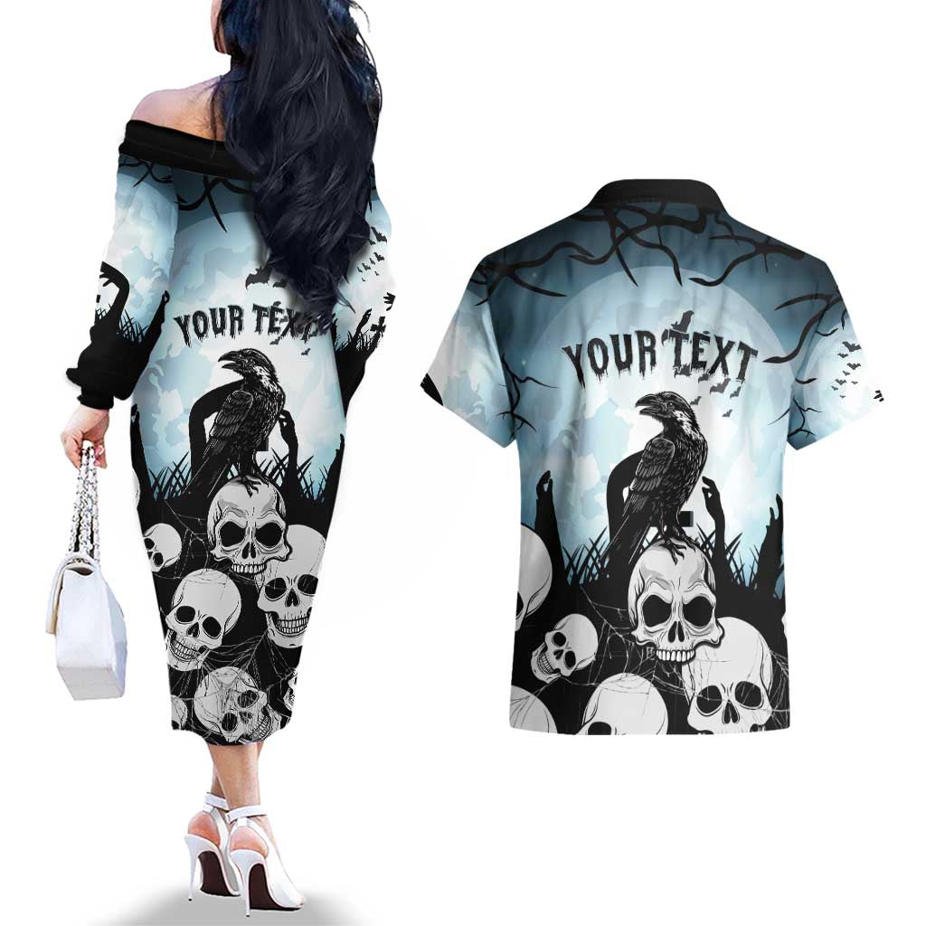 Personalized Funny Halloween F’Caw Raven Couples Matching Off The Shoulder Long Sleeve Dress and Hawaiian Shirt Black Bird Crow With Skulls - Wonder Print Shop