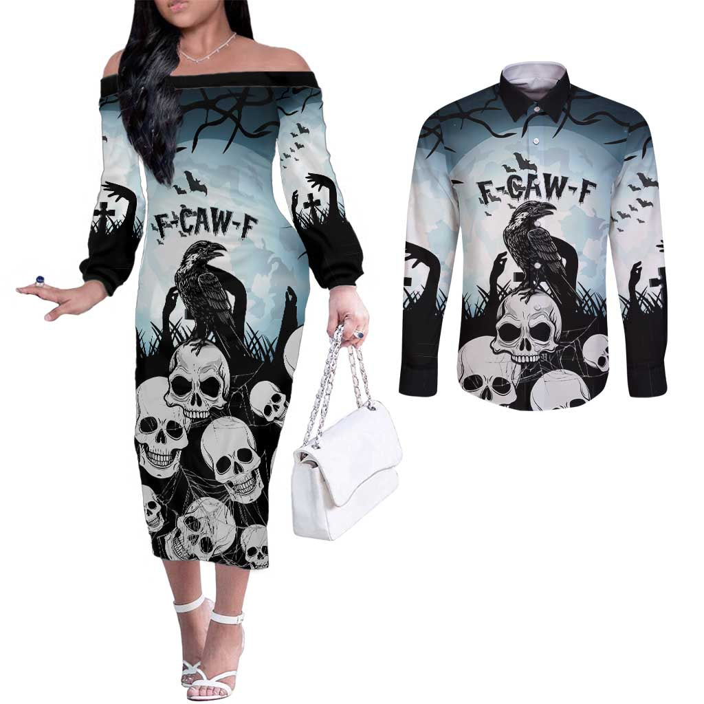 Personalized Funny Halloween F’Caw Raven Couples Matching Off The Shoulder Long Sleeve Dress and Long Sleeve Button Shirt Black Bird Crow With Skulls - Wonder Print Shop