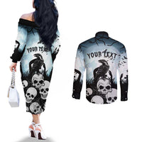 Personalized Funny Halloween F’Caw Raven Couples Matching Off The Shoulder Long Sleeve Dress and Long Sleeve Button Shirt Black Bird Crow With Skulls - Wonder Print Shop
