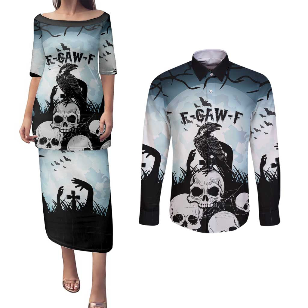Personalized Funny Halloween F’Caw Raven Couples Matching Puletasi and Long Sleeve Button Shirt Black Bird Crow With Skulls - Wonder Print Shop