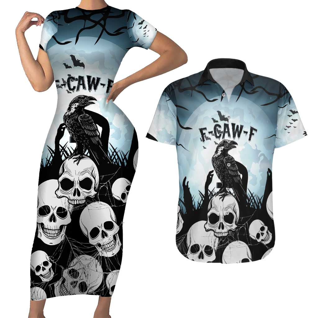 Personalized Funny Halloween F’Caw Raven Couples Matching Short Sleeve Bodycon Dress and Hawaiian Shirt Black Bird Crow With Skulls - Wonder Print Shop