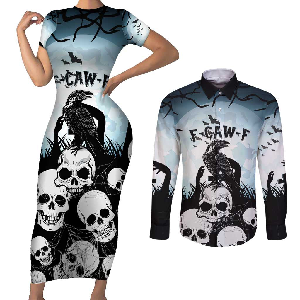 Personalized Funny Halloween F’Caw Raven Couples Matching Short Sleeve Bodycon Dress and Long Sleeve Button Shirt Black Bird Crow With Skulls - Wonder Print Shop
