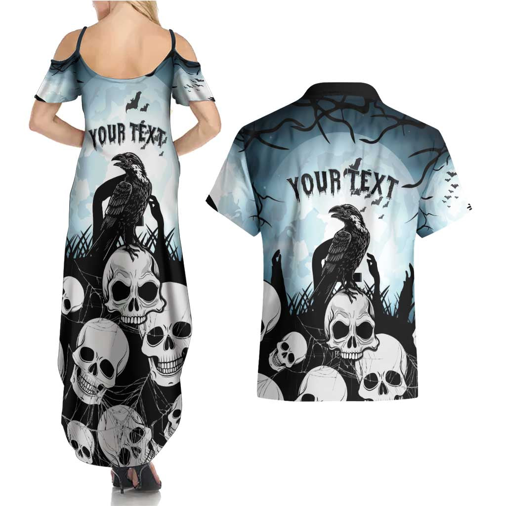 Personalized Funny Halloween F’Caw Raven Couples Matching Summer Maxi Dress and Hawaiian Shirt Black Bird Crow With Skulls - Wonder Print Shop