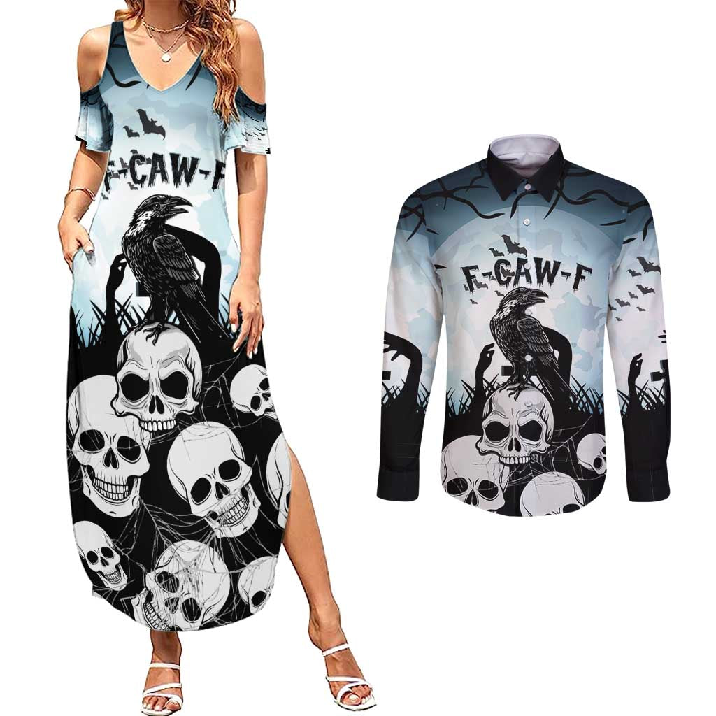 Personalized Funny Halloween F’Caw Raven Couples Matching Summer Maxi Dress and Long Sleeve Button Shirt Black Bird Crow With Skulls - Wonder Print Shop