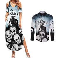 Personalized Funny Halloween F’Caw Raven Couples Matching Summer Maxi Dress and Long Sleeve Button Shirt Black Bird Crow With Skulls - Wonder Print Shop