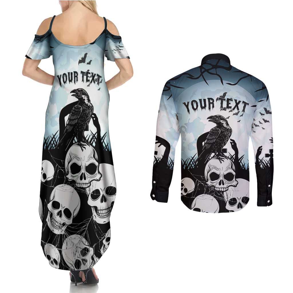 Personalized Funny Halloween F’Caw Raven Couples Matching Summer Maxi Dress and Long Sleeve Button Shirt Black Bird Crow With Skulls - Wonder Print Shop