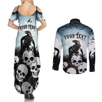 Personalized Funny Halloween F’Caw Raven Couples Matching Summer Maxi Dress and Long Sleeve Button Shirt Black Bird Crow With Skulls - Wonder Print Shop