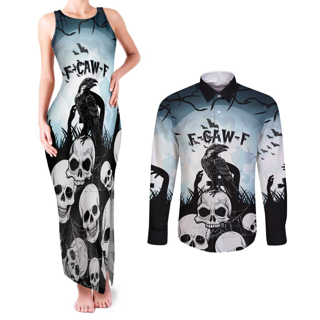 Personalized Funny Halloween F’Caw Raven Couples Matching Tank Maxi Dress and Long Sleeve Button Shirt Black Bird Crow With Skulls - Wonder Print Shop