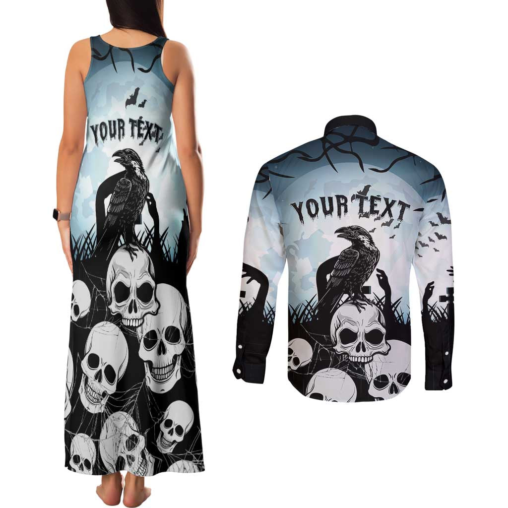 Personalized Funny Halloween F’Caw Raven Couples Matching Tank Maxi Dress and Long Sleeve Button Shirt Black Bird Crow With Skulls - Wonder Print Shop