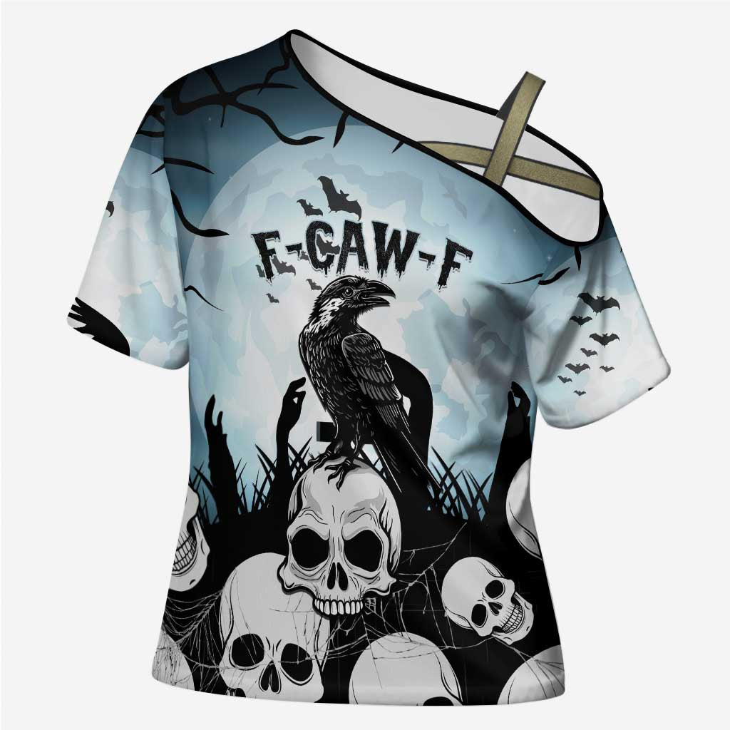 Personalized Funny Halloween F’Caw Raven Cross Shoulder Shirt Black Bird Crow With Skulls - Wonder Print Shop