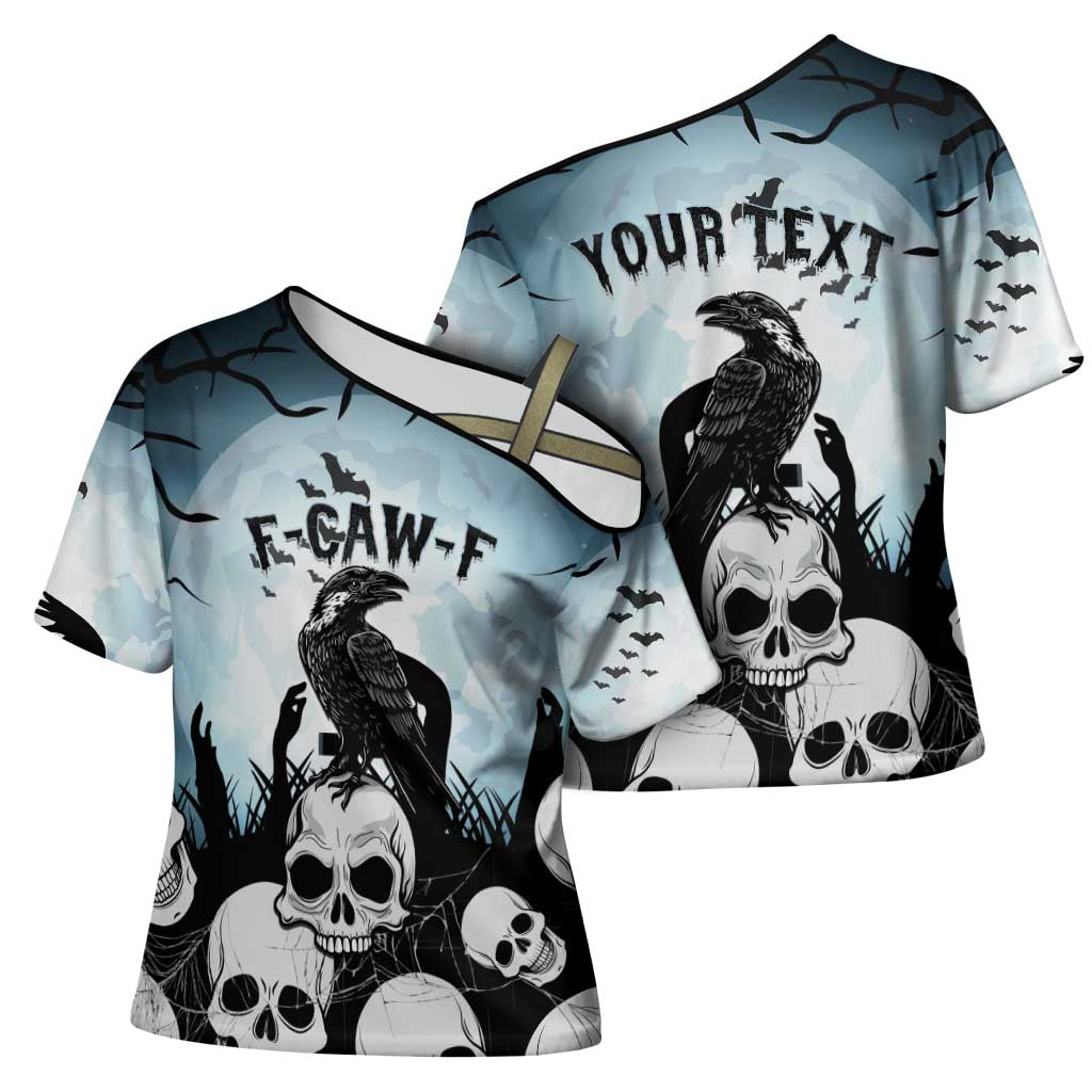 Personalized Funny Halloween F’Caw Raven Cross Shoulder Shirt Black Bird Crow With Skulls - Wonder Print Shop