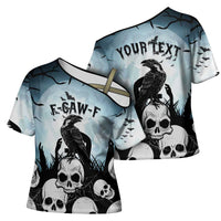 Personalized Funny Halloween F’Caw Raven Cross Shoulder Shirt Black Bird Crow With Skulls - Wonder Print Shop