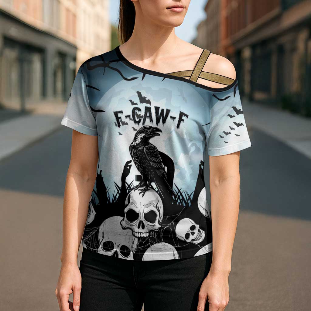 Personalized Funny Halloween F’Caw Raven Cross Shoulder Shirt Black Bird Crow With Skulls - Wonder Print Shop