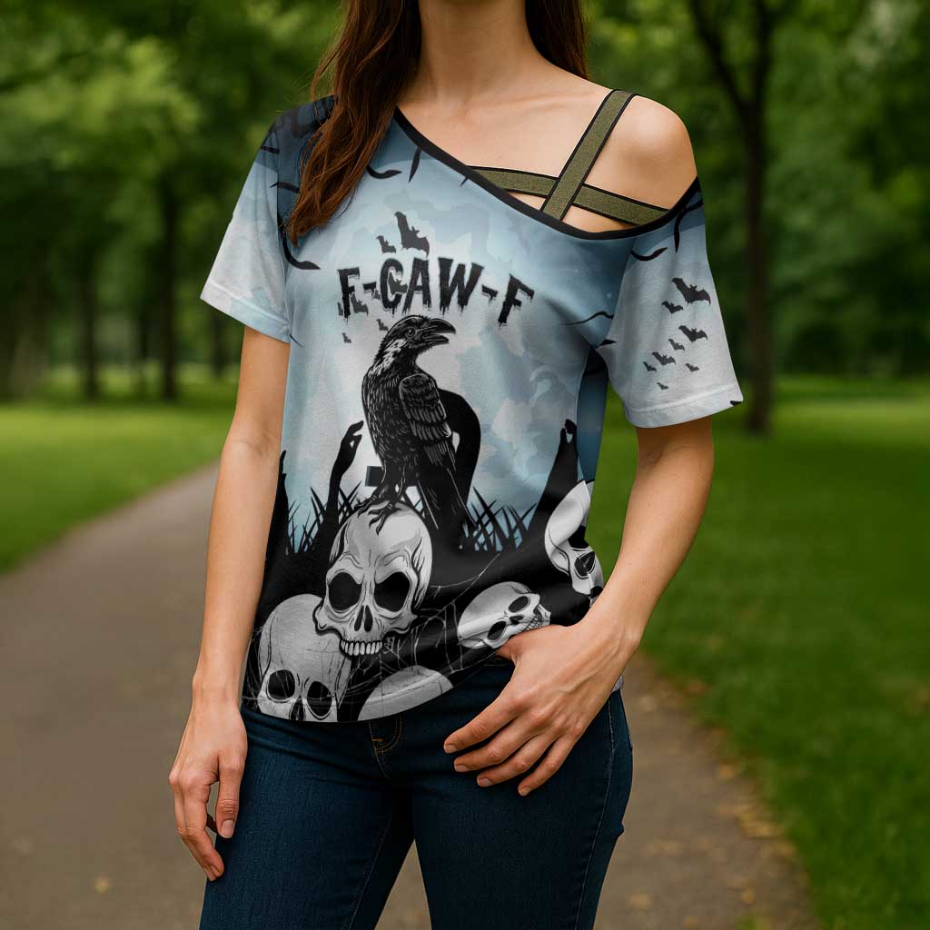 Personalized Funny Halloween F’Caw Raven Cross Shoulder Shirt Black Bird Crow With Skulls - Wonder Print Shop
