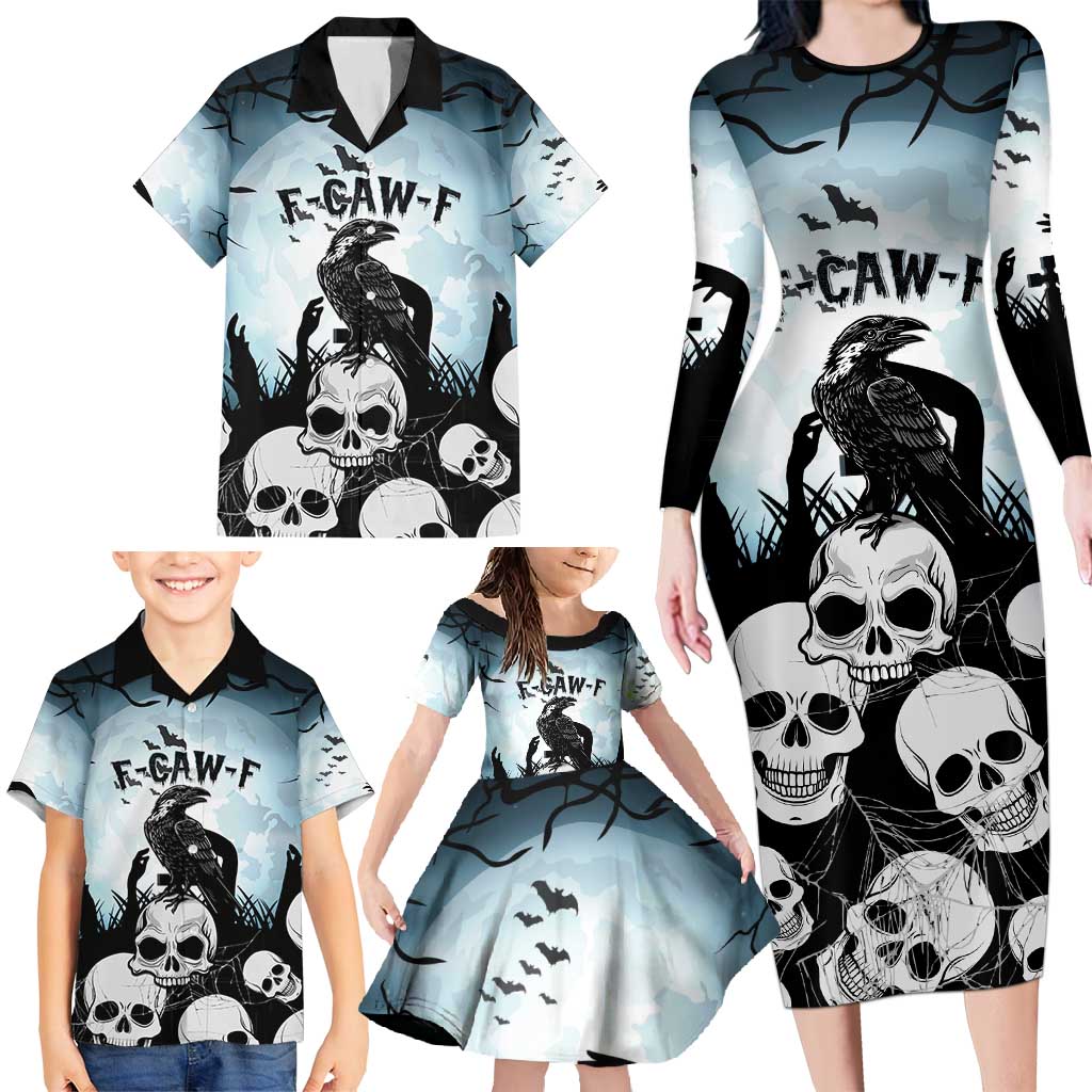 Personalized Funny Halloween F’Caw Raven Family Matching Long Sleeve Bodycon Dress and Hawaiian Shirt Black Bird Crow With Skulls - Wonder Print Shop