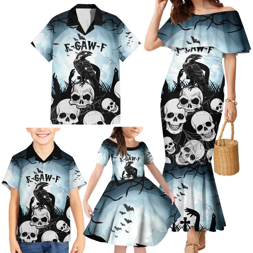 Personalized Funny Halloween F’Caw Raven Family Matching Mermaid Dress and Hawaiian Shirt Black Bird Crow With Skulls - Wonder Print Shop