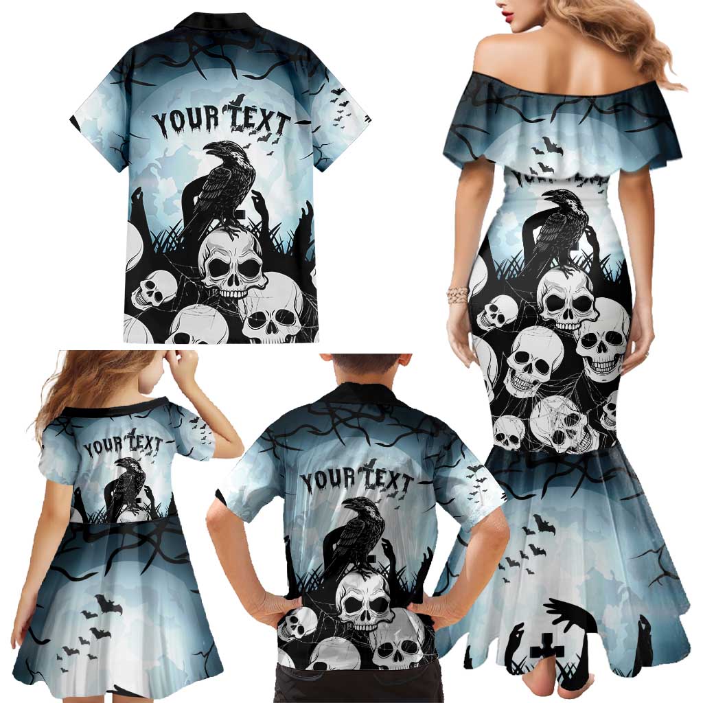Personalized Funny Halloween F’Caw Raven Family Matching Mermaid Dress and Hawaiian Shirt Black Bird Crow With Skulls - Wonder Print Shop