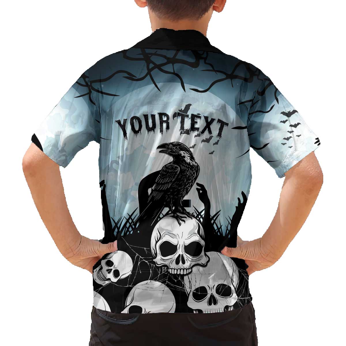 Personalized Funny Halloween F’Caw Raven Family Matching Off The Shoulder Long Sleeve Dress and Hawaiian Shirt Black Bird Crow With Skulls - Wonder Print Shop