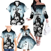 Personalized Funny Halloween F’Caw Raven Family Matching Off The Shoulder Long Sleeve Dress and Hawaiian Shirt Black Bird Crow With Skulls - Wonder Print Shop