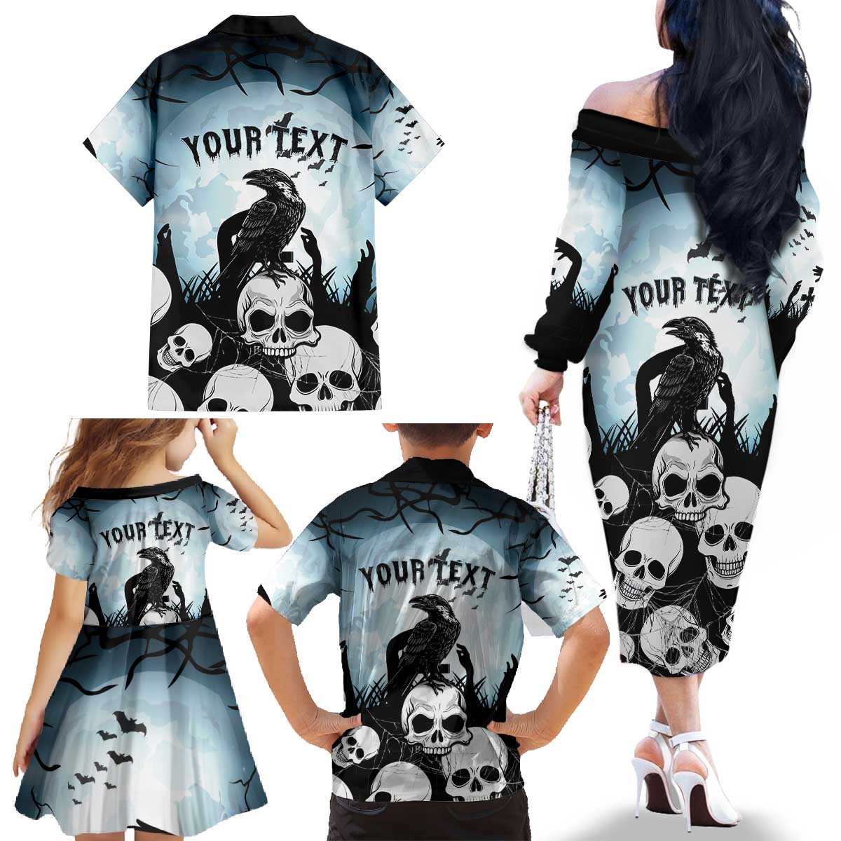 Personalized Funny Halloween F’Caw Raven Family Matching Off The Shoulder Long Sleeve Dress and Hawaiian Shirt Black Bird Crow With Skulls - Wonder Print Shop