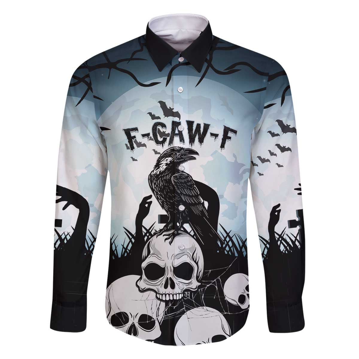 Personalized Funny Halloween F’Caw Raven Family Matching Off The Shoulder Long Sleeve Dress and Hawaiian Shirt Black Bird Crow With Skulls - Wonder Print Shop