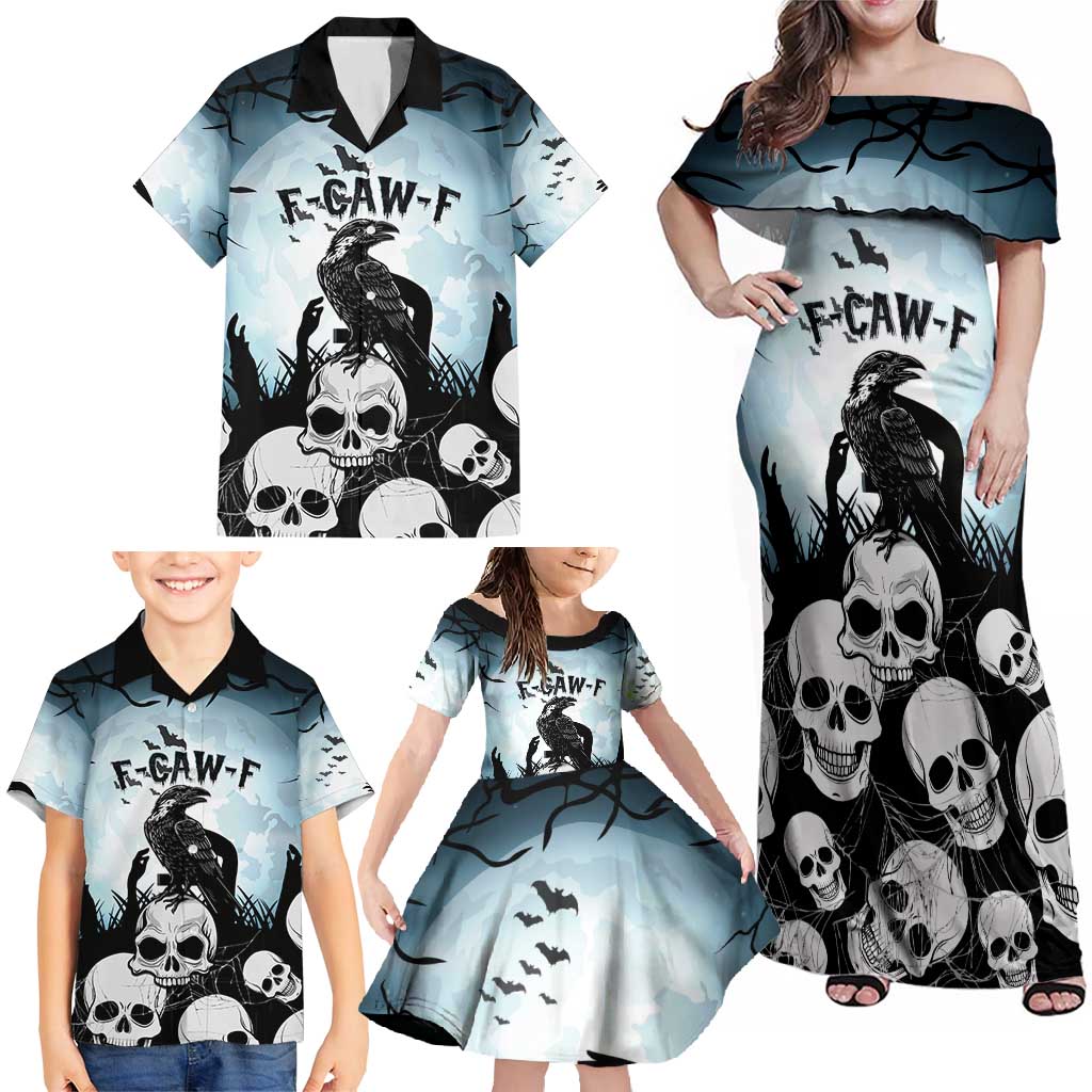 Personalized Funny Halloween F’Caw Raven Family Matching Off Shoulder Maxi Dress and Hawaiian Shirt Black Bird Crow With Skulls - Wonder Print Shop