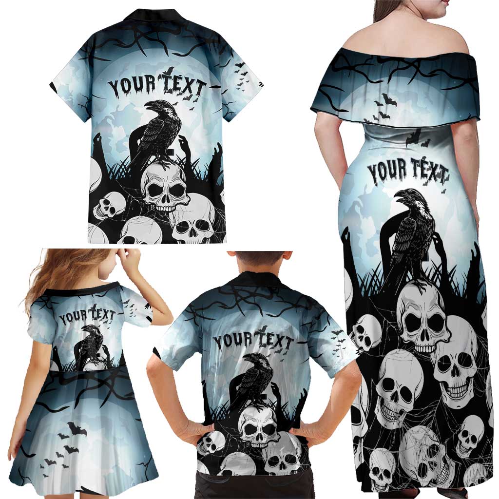 Personalized Funny Halloween F’Caw Raven Family Matching Off Shoulder Maxi Dress and Hawaiian Shirt Black Bird Crow With Skulls - Wonder Print Shop