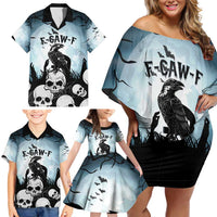 Personalized Funny Halloween F’Caw Raven Family Matching Off Shoulder Short Dress and Hawaiian Shirt Black Bird Crow With Skulls - Wonder Print Shop