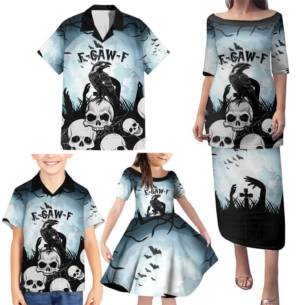 Personalized Funny Halloween F’Caw Raven Family Matching Puletasi and Hawaiian Shirt Black Bird Crow With Skulls - Wonder Print Shop