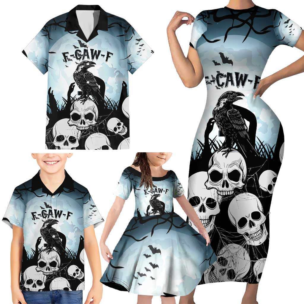 Personalized Funny Halloween F’Caw Raven Family Matching Short Sleeve Bodycon Dress and Hawaiian Shirt Black Bird Crow With Skulls - Wonder Print Shop