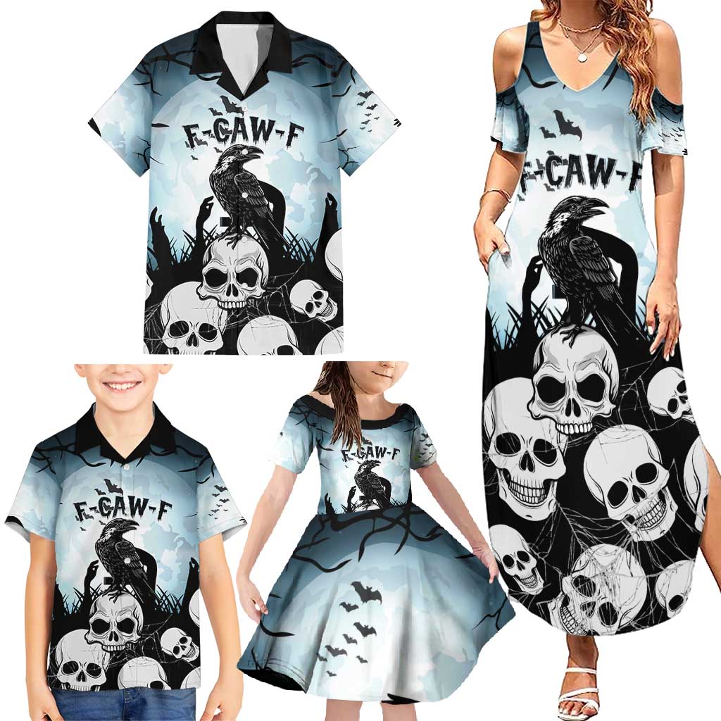 Personalized Funny Halloween F’Caw Raven Family Matching Summer Maxi Dress and Hawaiian Shirt Black Bird Crow With Skulls - Wonder Print Shop