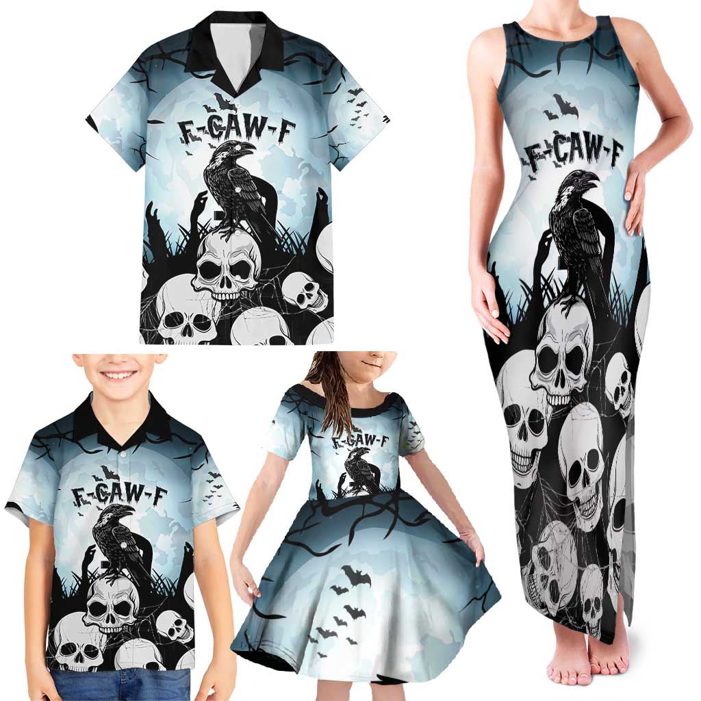 Personalized Funny Halloween F’Caw Raven Family Matching Tank Maxi Dress and Hawaiian Shirt Black Bird Crow With Skulls - Wonder Print Shop