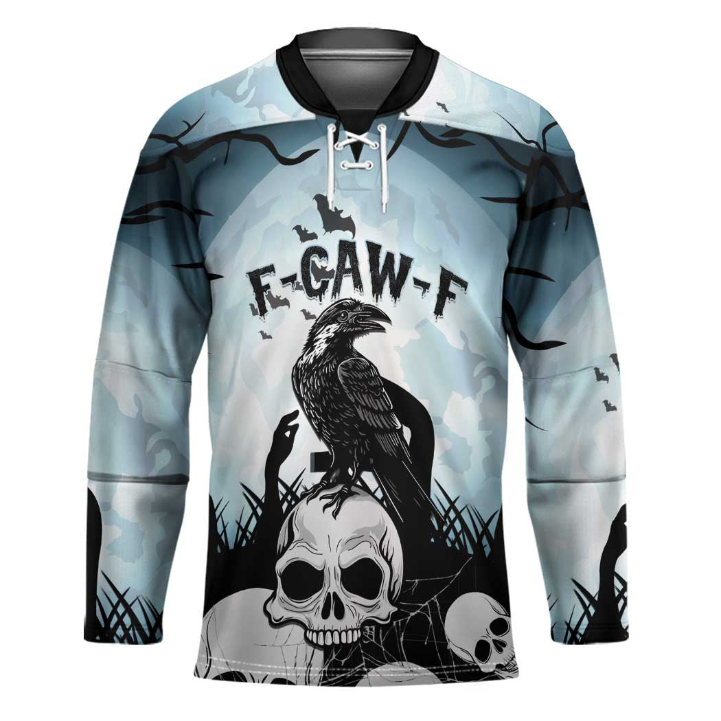 Personalized Funny Halloween F’Caw Raven Hockey Jersey Black Bird Crow With Skulls - Wonder Print Shop