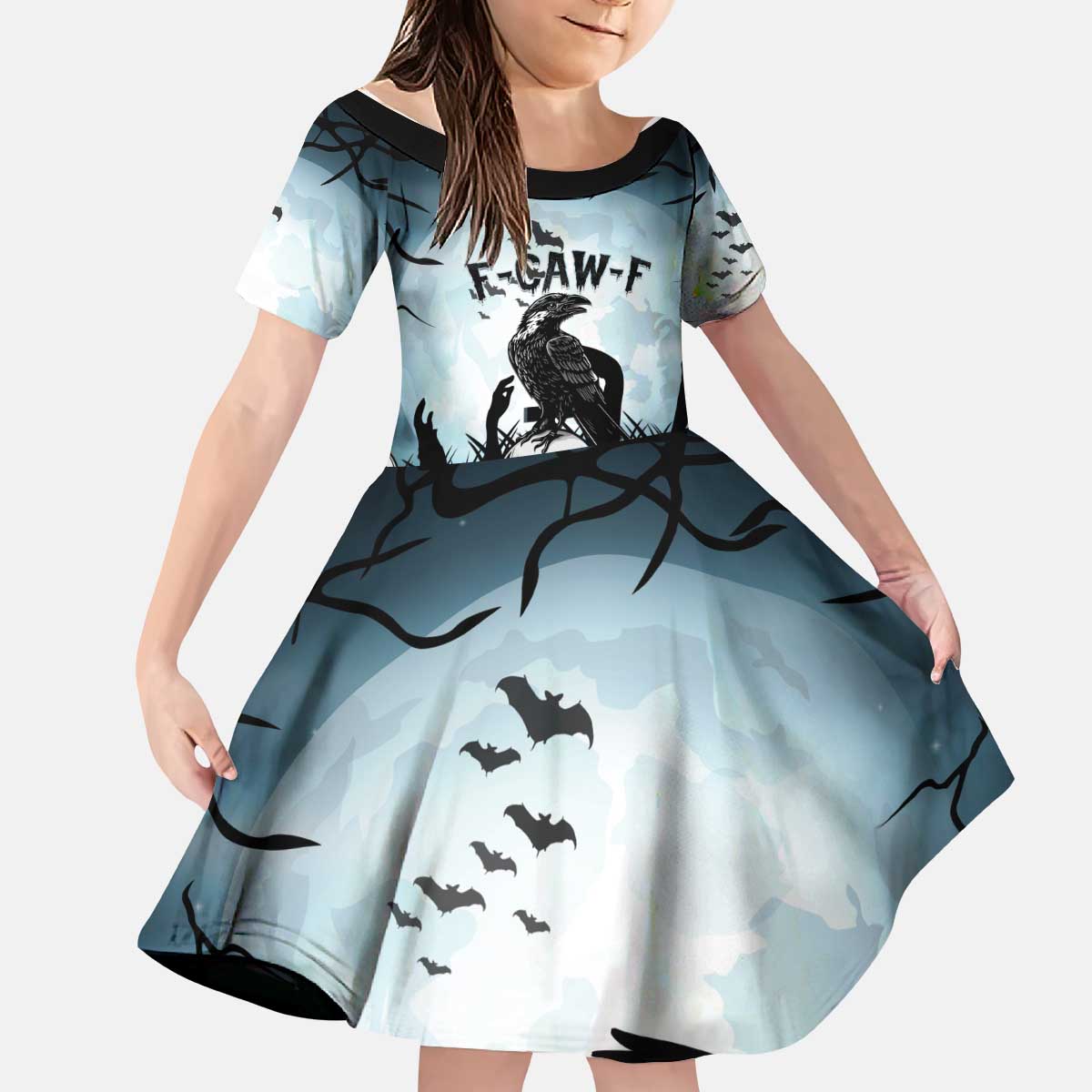 Personalized Funny Halloween F’Caw Raven Kid Short Sleeve Dress Black Bird Crow With Skulls - Wonder Print Shop