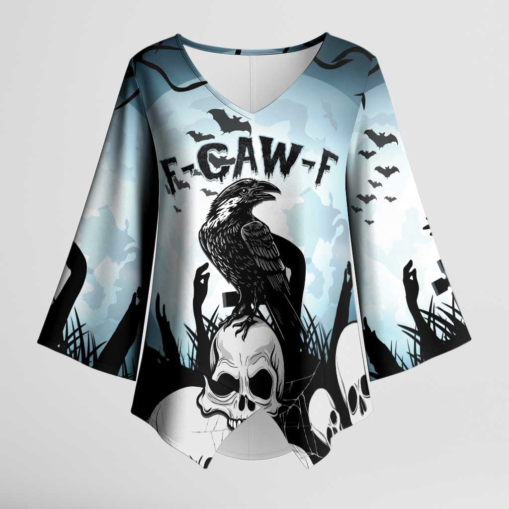 Personalized Funny Halloween F’Caw Raven Kimono Sleeve Blouse Black Bird Crow With Skulls - Wonder Print Shop
