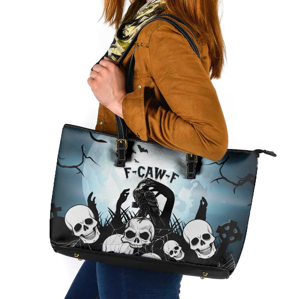 Funny Halloween F’Caw Raven Leather Tote Bag Black Bird Crow With Skulls - Wonder Print Shop