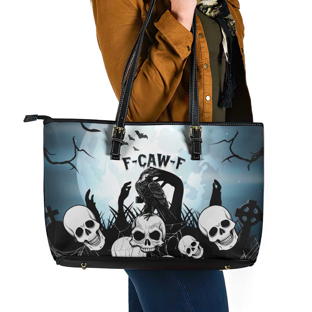 Funny Halloween F’Caw Raven Leather Tote Bag Black Bird Crow With Skulls - Wonder Print Shop