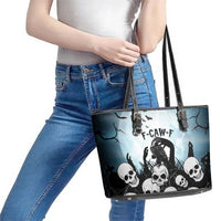 Funny Halloween F’Caw Raven Leather Tote Bag Black Bird Crow With Skulls - Wonder Print Shop