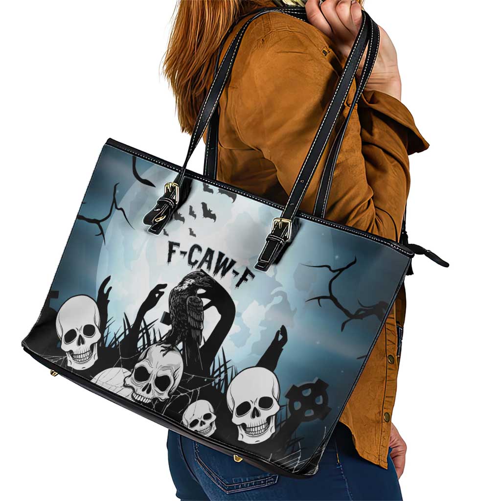 Funny Halloween F’Caw Raven Leather Tote Bag Black Bird Crow With Skulls - Wonder Print Shop