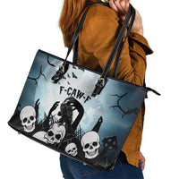 Funny Halloween F’Caw Raven Leather Tote Bag Black Bird Crow With Skulls - Wonder Print Shop