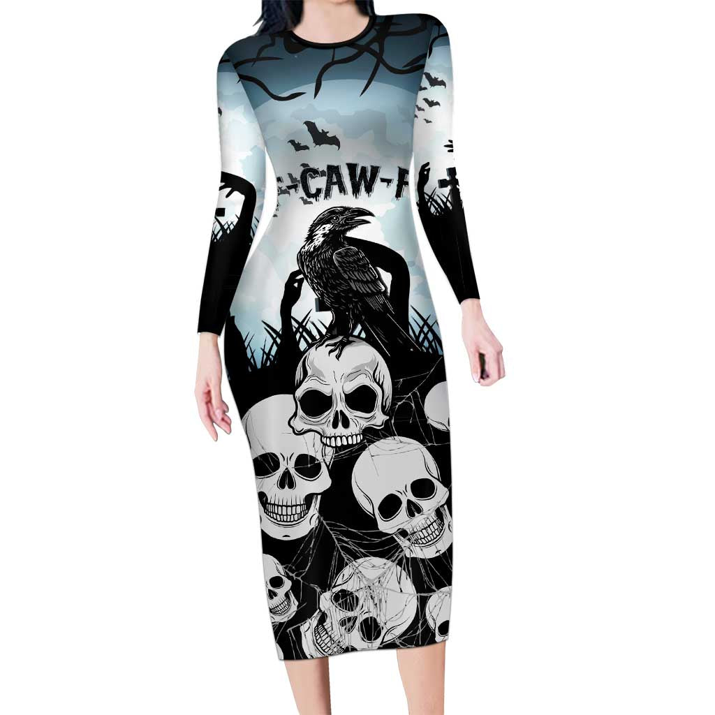 Personalized Funny Halloween F’Caw Raven Long Sleeve Bodycon Dress Black Bird Crow With Skulls - Wonder Print Shop