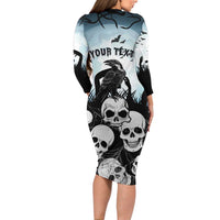 Personalized Funny Halloween F’Caw Raven Long Sleeve Bodycon Dress Black Bird Crow With Skulls - Wonder Print Shop