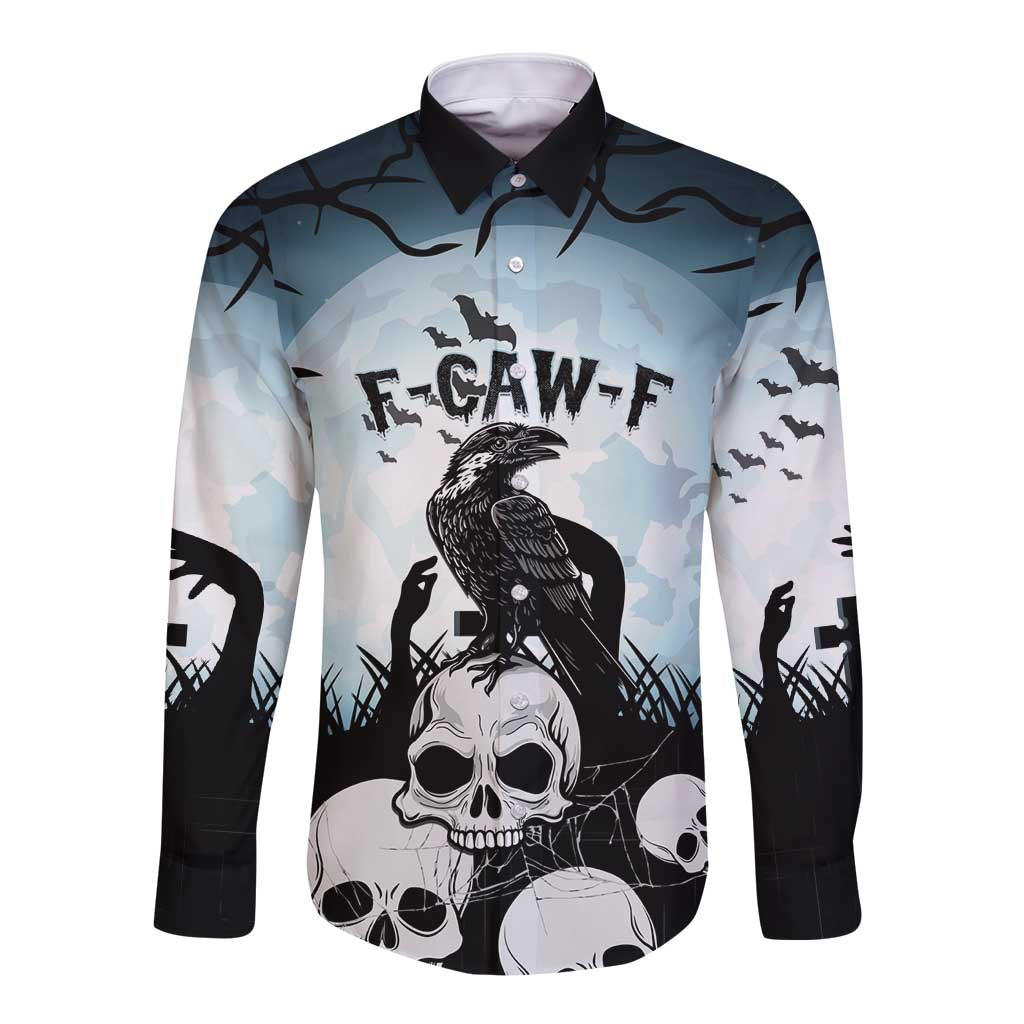 Personalized Funny Halloween F’Caw Raven Long Sleeve Button Shirt Black Bird Crow With Skulls - Wonder Print Shop