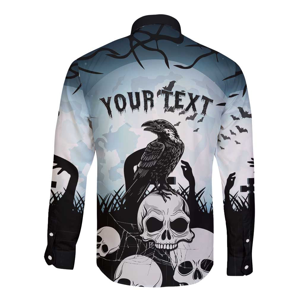 Personalized Funny Halloween F’Caw Raven Long Sleeve Button Shirt Black Bird Crow With Skulls - Wonder Print Shop